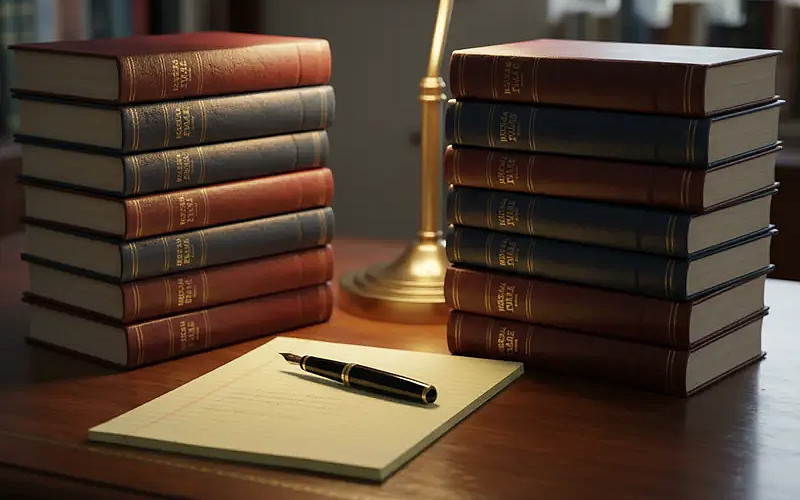Stack of legal books and a pen arranged on a table for case preparation.