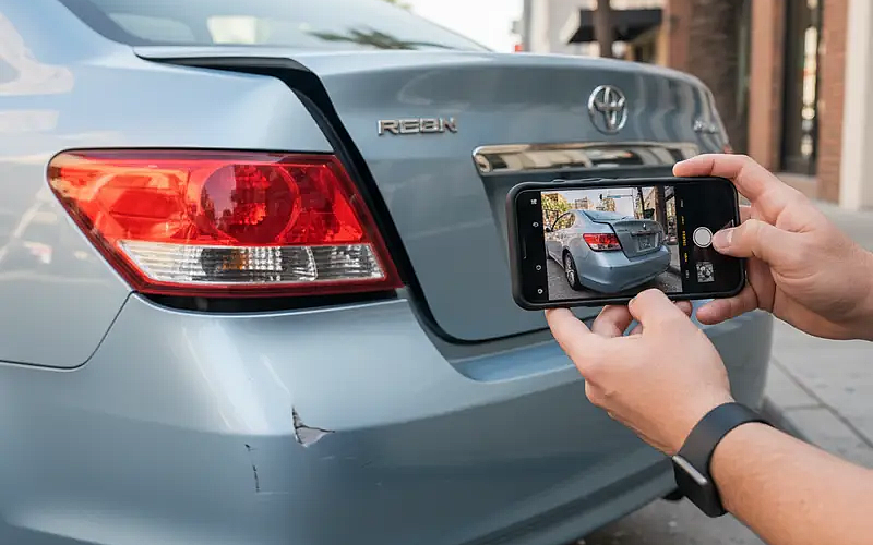 Driver documenting vehicle damage with photos after a traffic accident.