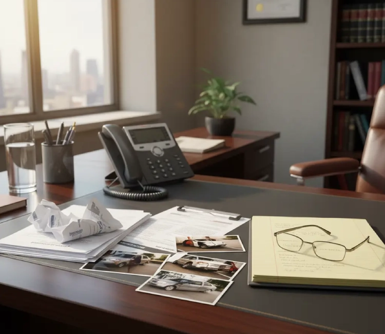 Legal documents, eyeglasses, and a smartphone arranged neatly on an office desk.