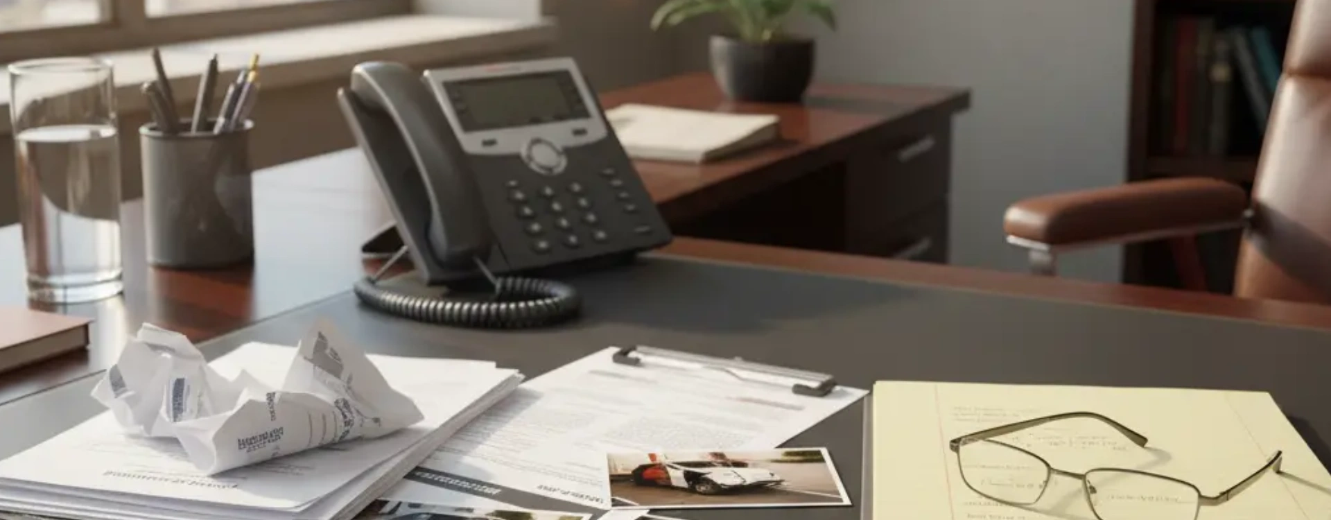 Legal documents, eyeglasses, and a smartphone arranged neatly on an office desk.