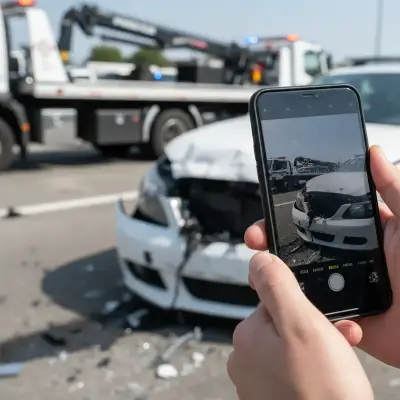 Person photographing crash damage involving a passenger vehicle and truck.
