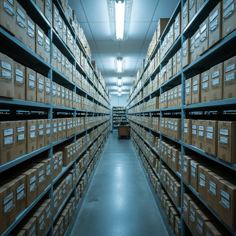 Organized records room with shelves and boxes storing important case files.



