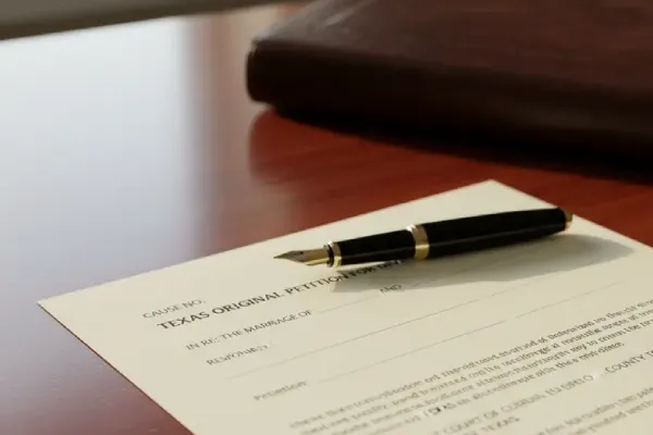 Pen resting beside paperwork on a wooden table during legal document review.