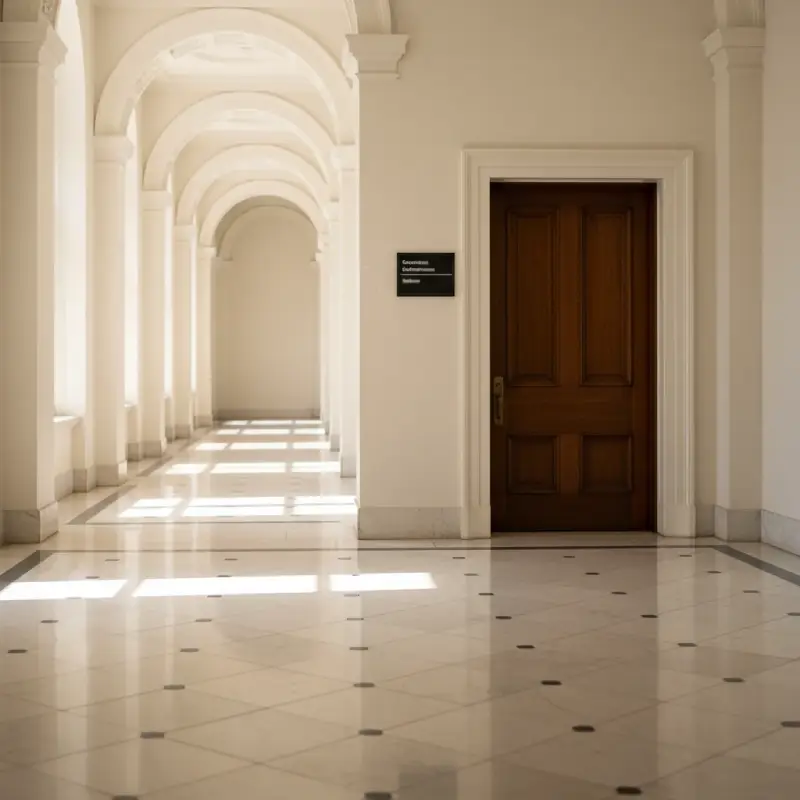 Clean hallway with modern flooring inside a professional office building.