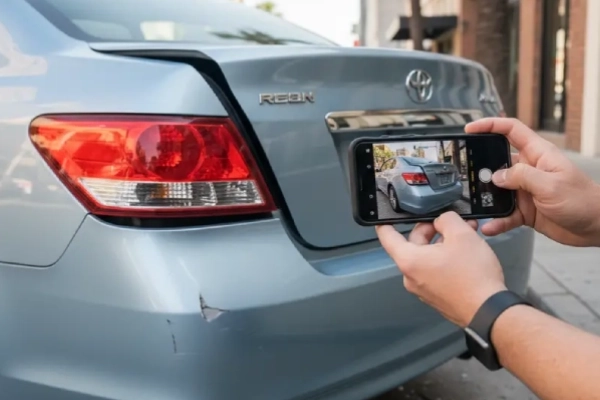 Driver documenting vehicle damage with photos after a traffic accident.